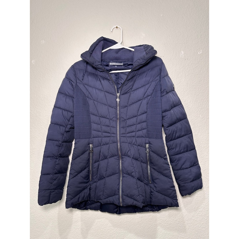 Bernardo Womens Navy Blue Chevron Quilted Puffer Jacket Removable Hood‎ Size M